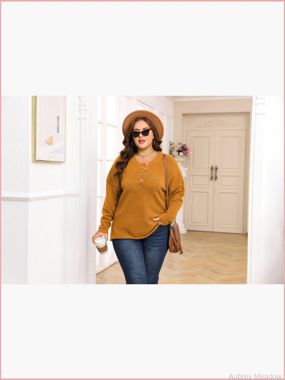 Plus Size Long Sleeve V Neck Button Henley Sweater Top Loose Knit Pullover - Picture 7 of 7